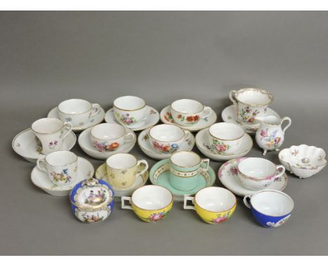 A collection of 18th century and later Meissen Vienna and Ludwigsburg teacups and saucers, some seconds, most damaged