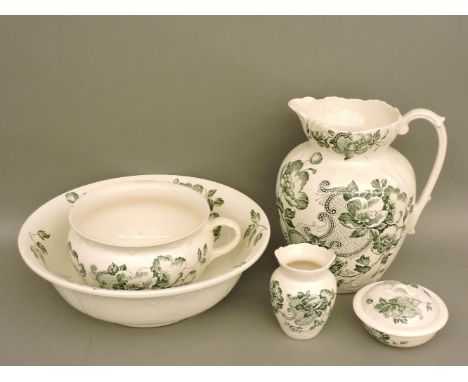 A Victorian painted wash and basin set, comprising soap dish and cover, vase, potty, and bowl and jug