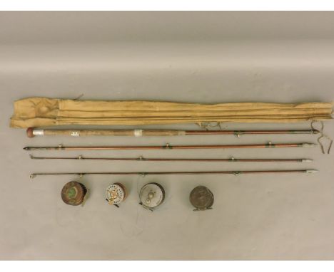 A Hardy's of Alnwick three piece fishing rod, with ceramic lined rings, and a spare tip, No c14658, a 19th century brass salm