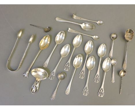 A set of silver teaspoons, a caddy spoon by A E Poston & Co, Sheffield, Chinese silver sugar tongs, and other silver tea and 