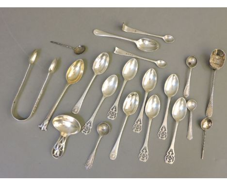 A set of silver teaspoons, a caddy spoon by A E Poston & Co, Sheffield, Chinese silver sugar tongs, and other silver tea and 