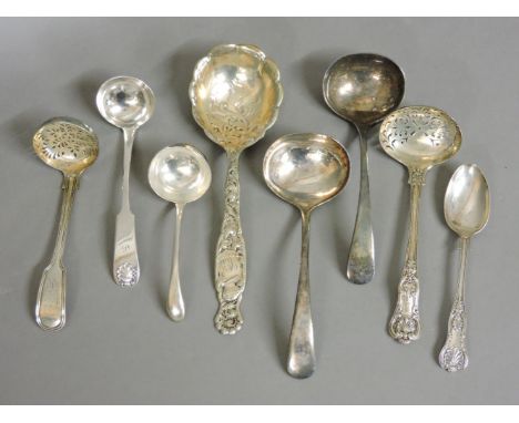 Four Victorian and later silver ladles and sifters, a sterling silver ladle, a teaspoon, and two plated ladles, 10oz approxim