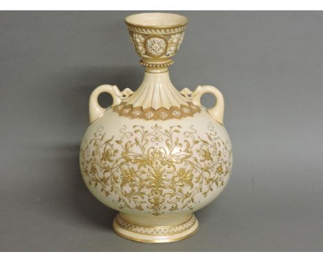 A Royal Worcester blush ground vase, the twin-handled vase with floral gilt decoration, shape number 1109, printed number, pa