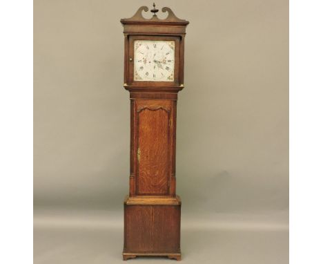 An early 19th century oak cased longcase clock, the eight day movement to a square painted dial, inscribed 'Will Kirk, Stockp