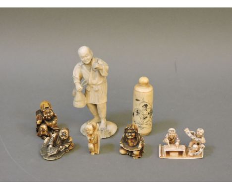 Five Japanese ivory netsukes, four signed, a sectional figure, 10cm, and a bone 'erotic' snuff bottle