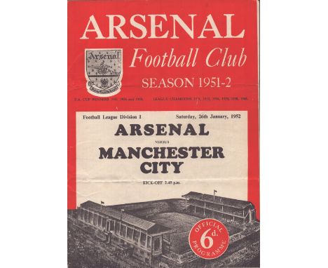 Arsenal v Manchester City Football League Division One 26th January 1952 vintage match programme. Good condition. All autogra