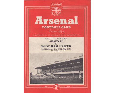 Arsenal v West Ham United Football Combination 6th March 1954 vintage match programme. Good condition. All autographs come wi