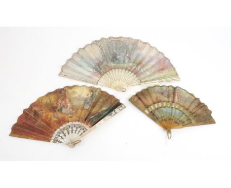 A GROUP OF 19TH CENTURY FRENCH SIGNED FANS the leaf painted with a couple taking tea in a garden, with embroidered sequins, m