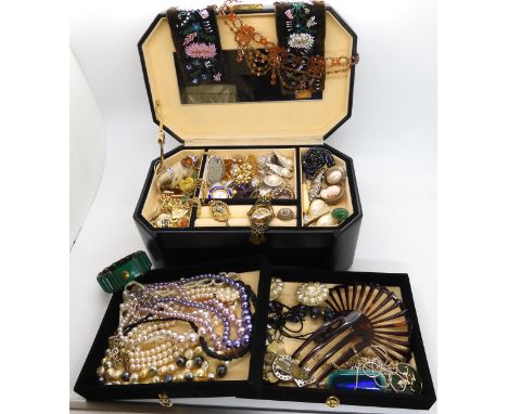 A jewellery box full of vintage costume jewellery to include a gold plated Edwardian pendant, fine bead work velvet ribbon De