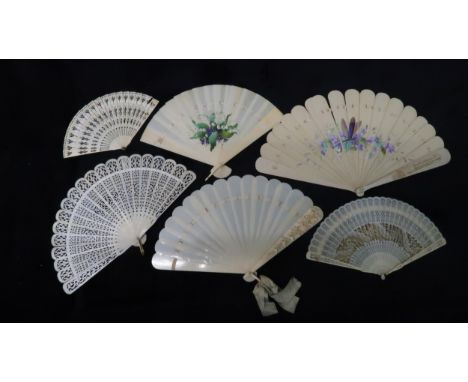 A GROUP OF SIX FANS including a mid 19th century Viennese ivory brise fan painted with flowers, another similar painted woode