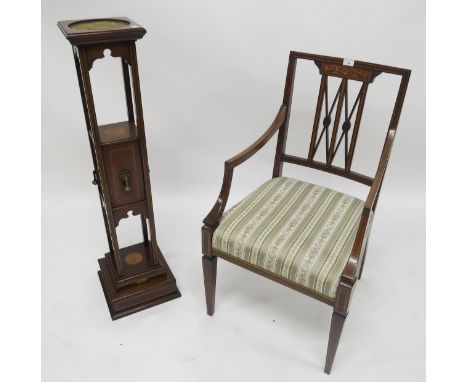 A Victorian mahogany satinwood inlaid three tier single door plant stand and a mahogany parlour armchair (2) Condition Report