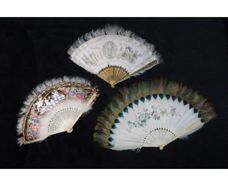 THREE CHINESE EXPORT GOOSE/PHEASANT FEATHER FANS the marabou lined goose feathers painted with gilt floral sprays on both sid