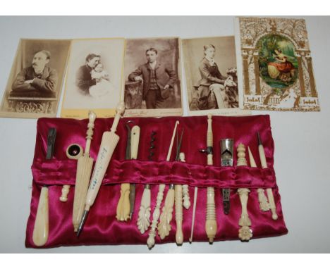 A collection of early 20th century ivory Stanhopes, button hooks, cabinet photographs etc Condition Report:Available upon req