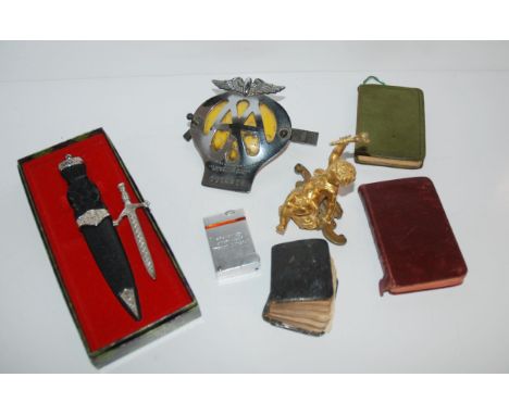 An AA car mascot, table lighter, modern skean dhu, miniature bible etc Condition Report:Available upon request