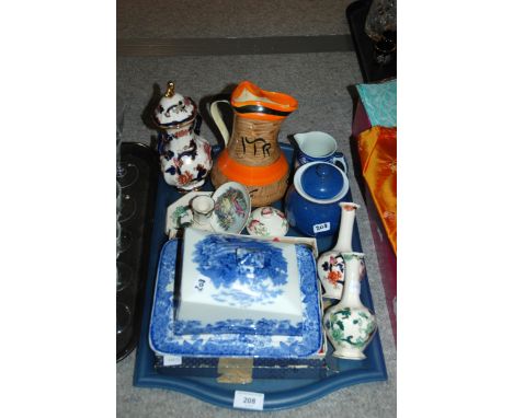 A Wood and Sons blue and white cheese dish and stand, a Myott and Son jug, other ceramics and assorted cushion covers Conditi