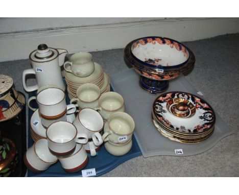 A Royal Crown Derby Ladybird paperweight and pin tray, three Derby dishes, a Doulton Burslem bowl on stand, Denby coffee ware