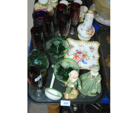 A pair of green flashed and vine etched glasses, a cranberry and blue flashed and cut tumbler, two Worcester figures, Hammers