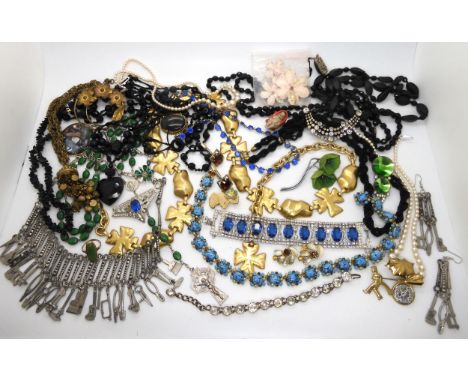 A quirky necklace hung with tiny woodworking tools, and matching earrings, good diamante, and other items Condition Report:Co