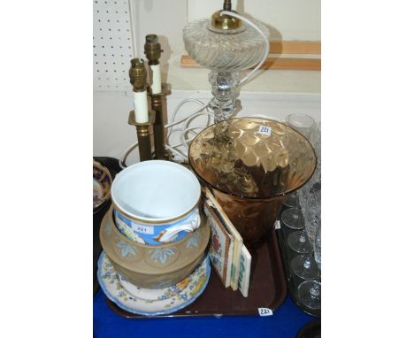 An oil lamp converted to an electric lamp, a Portuguese planter, tiles etc Condition Report:Condition report not available fo