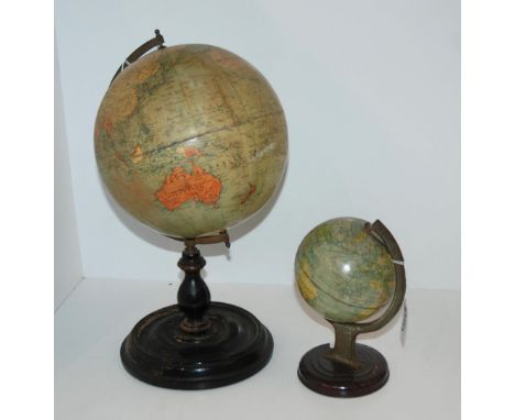 A Philips 9 inch Terrestrial Globe, on circular hardwood stand, 40cm high and another smaller tin plate globe, 19cm high (2) 