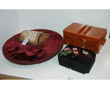 A Bakelite concertina sewing box, vintage lace making wheel etc Condition Report:Available upon request