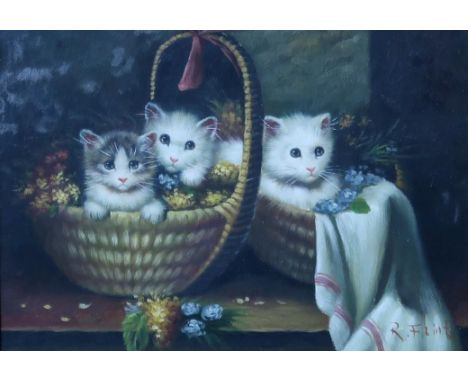 R FLINT&nbsp;Kittens, signed, oil on panel, 12 x 16cm Condition Report:Available upon request