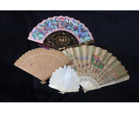 A GROUP OF FOUR FANS including a Chinese Export Thousand Faces fan, the double leaf painted with figures with painted ivory a