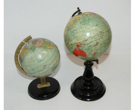 A Philip's 6 inch Terrestrial globe and circular stand and a clock stetting tin plate globe, 26cm high and smaller (2) Condit