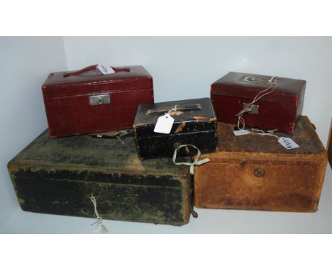 Five vintage leather jewellery boxes (af), 40cm wide and smaller (5) Condition Report:Available upon request