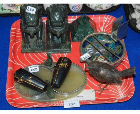 A bronze model of a Robin, a Corona Ware Corea pattern smokers stand, pair of Japanese metal vases etc Condition Report:Condi