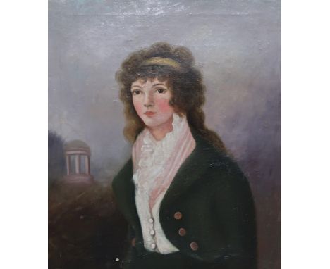 SCOTTISH SCHOOL&nbsp;Portrait of a lady, before Alloway Tower, oil on canvas, 72 x 60cm Note; The portrait may be The Bonnie 