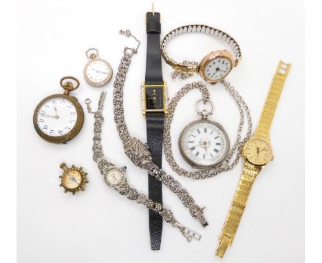 A silver cased fob watch with decorative enamelled dial, a 9ct gold ladies vintage watch and a collection of other watches Co