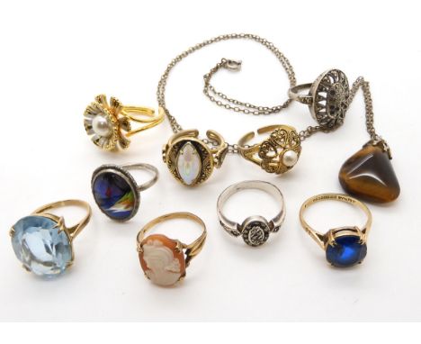 Three 9ct rings, a cameo, and two blue paste gems, weight 11gms, a Thomas Mott silver and butterfly wing ring, reverse painte