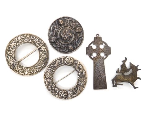 A hand engraved Celtic cross pendant, three Scottish brooches, to include C.A.I, John McGilvray and other items Condition Rep