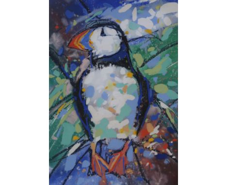 SALLY CARLAW (SCOTTISH) BLUE PUFFIN&nbsp; Mixed media, signed lower right, 24 x 17cm Title inscribed verso&nbsp; Together wit