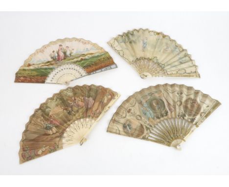 A GROUP OF FOUR FANS including a mid 18th century French folding fan, the leaf painted with courting couples, the ivory stick