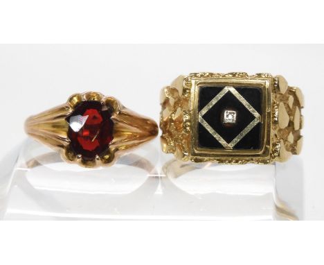 A 9ct gold vintage garnet ring, hallmarked 1918, size S, together with an onyx and diamond accent ring, size V1/2, weight tog