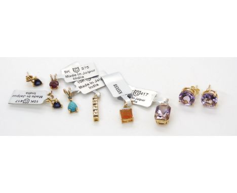 Five 9ct gold gem set pendants to include fire opal, ametrine both with diamond accents and a further two pairs of earrings C