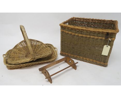 A "Graham Glanville basketmaker Whithorn" open wicker hamper, a wicker tray, singled handled basket and a book trough (4) Con