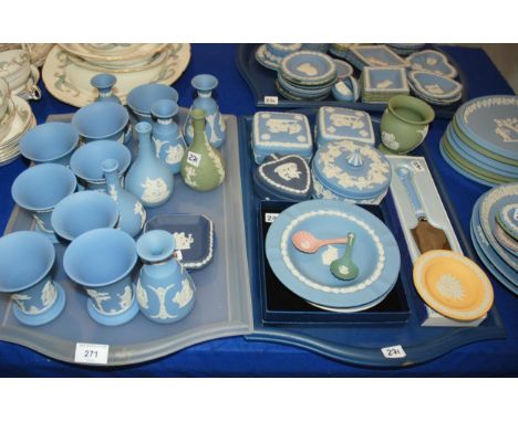 A collection of Wedgwood jasperware including oval plates, trinket dishes, vases, caddy spoons etc in various colours Conditi