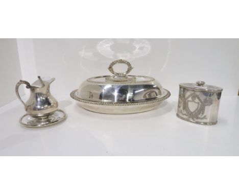 An EPNS tea caddy with engraved blank shield cartouche, by Barker and Ellis, menorah mark, an EPNS entrée dish, and an EPNS c