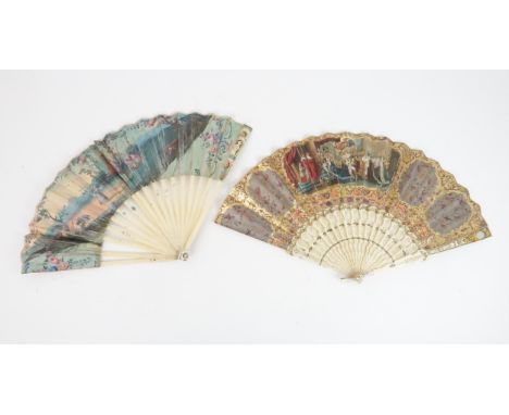 A EUROPEAN PRINTED FAN the double leaf printed and hand coloured depicting a Queen's coronation, surrounded by gilt vignettes