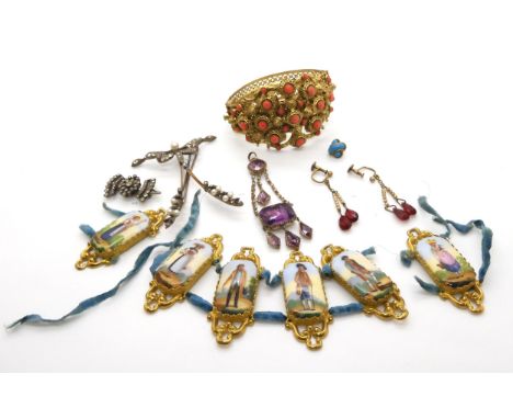 Vintage costume to include, a French yellow and white metal hair slide, coral bangle, a foiled back pendant and other items C