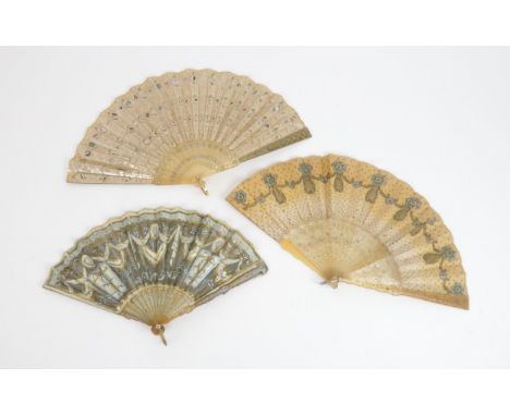 THREE 19TH CENTURY HORN FANS the net leaf embroidered with sequins, spangles and mother of pearl, the sticks and guard stick 