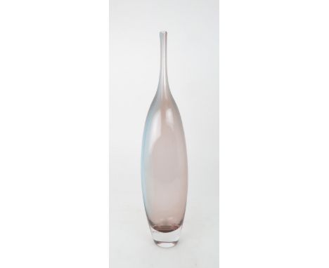 A Kosta Boda Tobago vase by Kjell Engman of slender elongated form in pale blue and purple, etched to base Kosta Boda, K. Eng