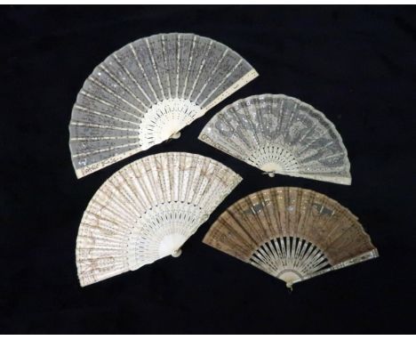 A GROUP OF FOUR FANS including a 19th century mask / domino fan, the silk leaf hand painted with floral sprays and a central 