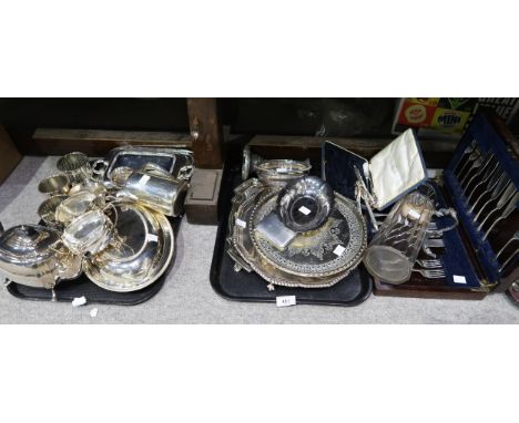 A large selection of EPNS including a three piece tea service, salvers, a cased canteen of cutlery, entrée dishes, wine coast