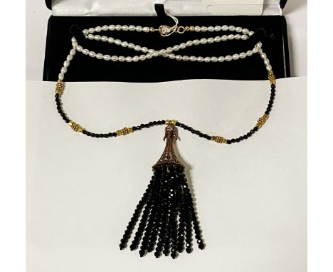 ONYX &amp; PEARL CRYSTAL TASSEL DESIGNER NECKLACE