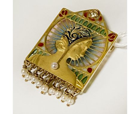 18CT SPANISH GOLD/DIAMOND/SEED PEARL &amp; ENAMEL PENDANT POSSIBLY IN THE STYLE OF MASRIERA - 11.1 GRAMS APPROX