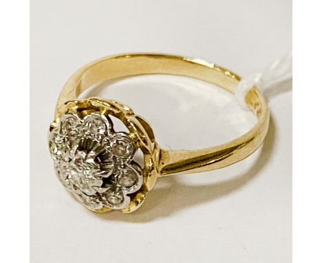 18CT GOLD FLORAL DIAMOND CLUSTER RING - SIZE J - 3.3 GRAMS APPROX